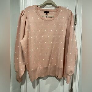 NWT Adrianna Papell Size 3X Pink White Polka Dot Knit Puff Sleeve Crew Sweater